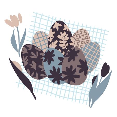 Colorful Easter Eggs Doodle Set Decorations. Spring Flowers. Bright Colors. Great for postcard, fabric, holiday ideasのイラスト素材