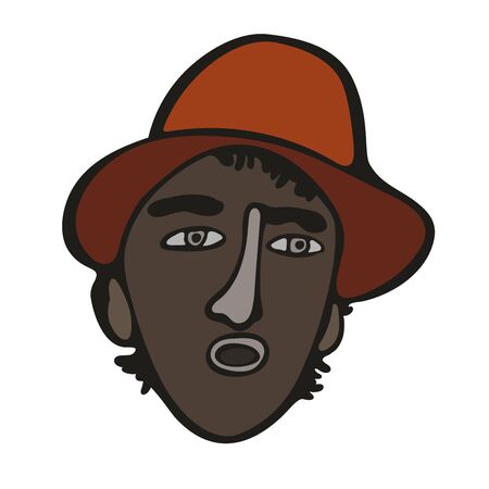 Modern minimalistic brasilian or mexican man portrait. Vector colored graffiti and tattoo style. Talking, singing latinos man in orange hatのイラスト素材