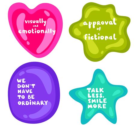Set of stickers on different shapes. Collection of vector multicolored glossy stickers on white background. Teens millenials culture. Cool expression, slang, comics, gaming style, web, speech bubblesのイラスト素材
