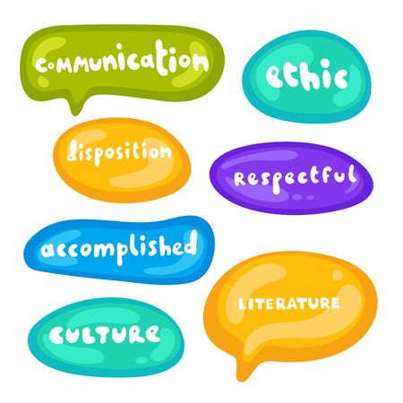 Set of stickers on different shapes. Collection of vector multicolored glossy stickers on white background. Teens millenials culture. Cool expression, slang, comics, gaming style, web, speech bubblesのイラスト素材