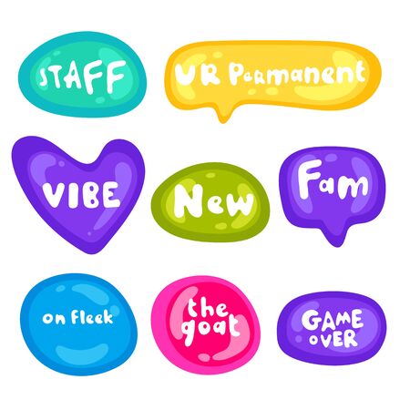 Set of stickers on different shapes. Collection of vector multicolored glossy stickers on white background. Teens millenials culture. Cool expression, slang, comics, gaming style, web, speech bubblesの写真素材