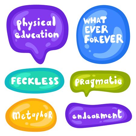 Set of stickers on different shapes. Collection of vector multicolored glossy stickers on white background. Teens millenials culture. Cool expression, slang, comics, gaming style, web, speech bubblesの写真素材