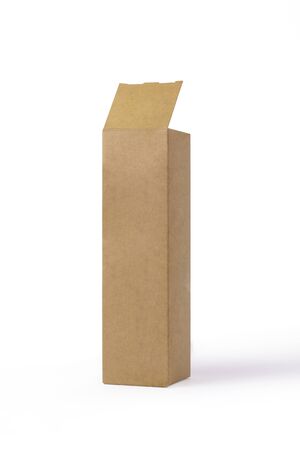 Open Cardboard Box isolated on a White Background. Mock up Package Design. Elongated Craft Cardboard Pack with an Open Lid. Stock Photo, Side Viewの写真素材