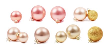 Modern set of glass monochromatic Christmas toys. Christmas decorations, round shapes. New Years glass balls. Pearl, pink and gold colors. Stock photo, isolated on white, side viewの写真素材