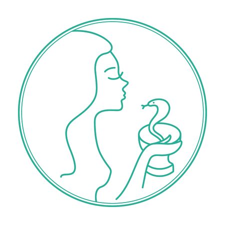 Line art of a young woman and a snake. Icon for beauty clinic, plastic surgery. A snake as a symbol of wisdom and medicine. A girl with long flowing hair and closed eyes holds a snake. Side viewのイラスト素材
