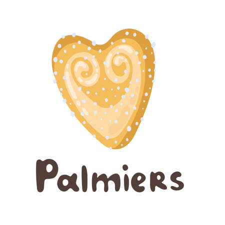 Palmier - French pastry. Puff pastry heart cookie illustration. Cartoon vector clipart doodle icon. Playful flat food illustration. Sweet food menu design elements. Great for icon, card, menuのイラスト素材