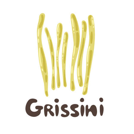 Traditional italian bread Grissini. Takeout cafe dish. Cute flat style. Vector bread sticks illustration without salt or sesame snacks. Food ingredients, crispy product appetizer dish, fastfood takeawayのイラスト素材