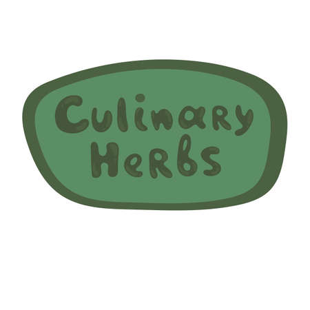 Culinary Herbs - title on an oval speech bubble. Vector cute sticker. Funny name plate, product label. Template for ads, signboards, packaging, identity and web designs vector stock illustrationのイラスト素材
