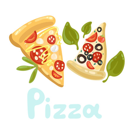 Stock pizza cut into pieces. Fast food theme. Cute cartoon triangle pizza slices. Slice of pepperoni pizza with melted sause, mozzarella cheese, basil leaves, salami, olives, tomatoes and sausage.のイラスト素材