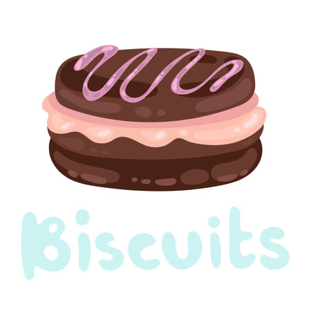 Brown chocolate cream biscuits on white. Pastries symbol in flat design. Cookies or biscuits icon. Funny food, doodle cute kawaii sweets. Biscuit concept for logo, card, typography, poster, print.のイラスト素材