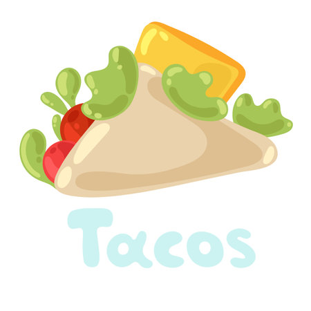 Taco Mexican food clipart isolated on white. Vector taco illustration in flat style for menu, poster, web. Traditional mexican fast-food. Taco food with cheese, tomato, tortilla, leaves lettuce, sauceのイラスト素材