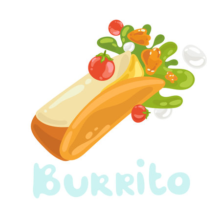 Mexican burrito icon. Mexican traditional cuisine. Kawaii illustration for menu label, banner, branding. Kebab roll with chicken meat and vegetables. Simple modern flat design. Side view clipartのイラスト素材