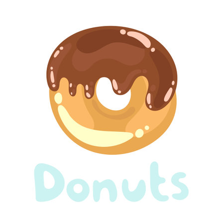 Donut with chocolate glaze. Glossy donut isolated on a white background. Simple modern flat design. Vector illustration for bakery cards design, baking products, menu, baking shop, pastryのイラスト素材