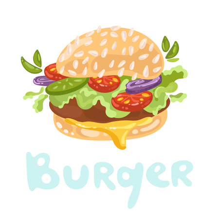 American Cheeseburger. Burger ingredients. Jumping burger ads. Fast food, junk food clipart. Elements for burgers restaurant menu design. Doodle image, kawaii style. American take away food.のイラスト素材