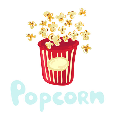 Cute popcorn flying out of striped cardboard box isolated on white background. Littered heap of corn seeds. Movie concept. Flat illustration, doodle style. Cinema design. Kawaii popcorn kernel ideaのイラスト素材