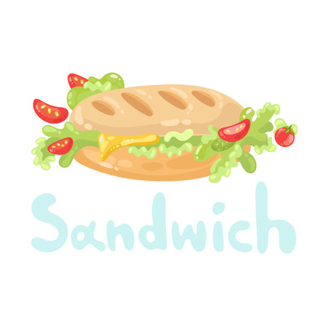 Sandwich clipart fastfood. Cartoon flat icon. Take away or lunch stock symbol. Classic french sandwich with butter, cheese, tomato, lettuce. Nutritious breakfast. Design element for menu, cafe, web.のイラスト素材