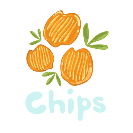 Potato chips clipart vector icon. Stock isolated cute cartoon fastfood illustration. Orange, yellow wavy vegetable chips. Vegan kawaii food. Heap of salty chips with leaves. Cinema crispy snacks.のイラスト素材