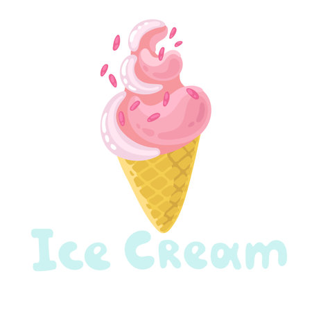 Cartoon ice cream. Colorful ice cream wafer cones and popsicles. Summer sweet food. Pink topping isolated on white background. Vector illustration for web design, print. Floating doodle flat style.のイラスト素材