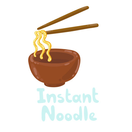Instant noodles icon, delicious cooking in a brown clay cup. Ready to eat. Bowl with chopsticks. Japanese ramen flat wavy thick noodles. Stock illustration isolated on white background, doodle styleのイラスト素材