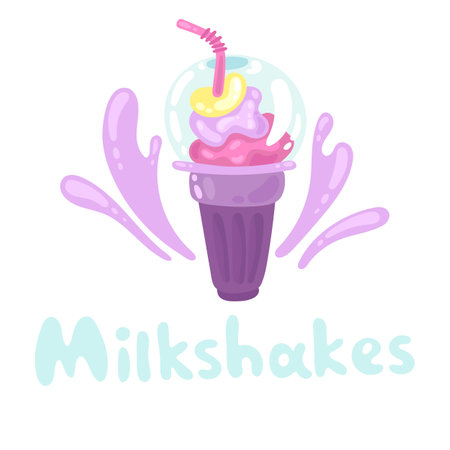 Colorful fruit milkshake design. Plastic cup with lid and straw, full of pink milky drink with splashes. Whipped milkshake with syrup. Vector illustration cartoon flat icon isolated on white.のイラスト素材