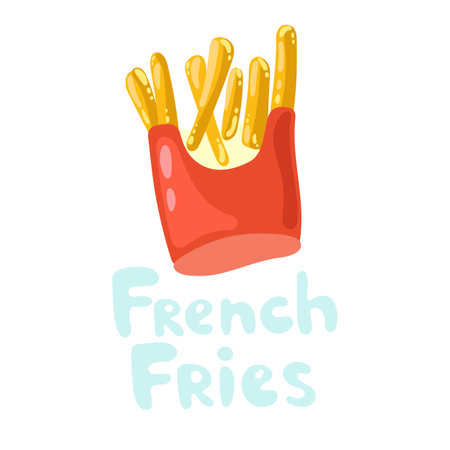 French fries kawaii vector icon in flat style. French fries in a paper wrapper box. American fast food. Roasted potato chips, heap of fried greasy potato sticks for poster, banner, menu template.のイラスト素材