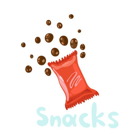 Snack products or fast food snacks isolated on white background. Flat kawaii illustration in vector. Junk food sweets in red plastic packge. Ball chocolates are floating to the up. Foil bag packagingのイラスト素材
