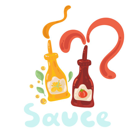 Mustard and ketchup stock illustration. Two sauce bottles with splashes. Cute funny tomato, mustard seeds and leaves. Food menu illustration on white background with floating liquids.のイラスト素材