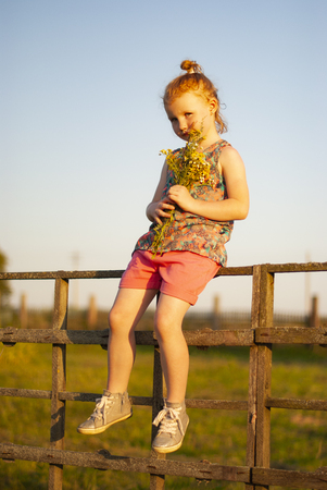 a child, a girl climbs a wooden fence in the village.の写真素材