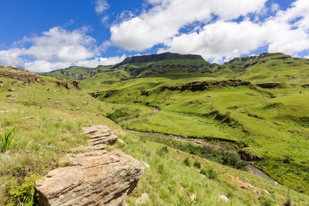 River snaking down the valleyの写真素材