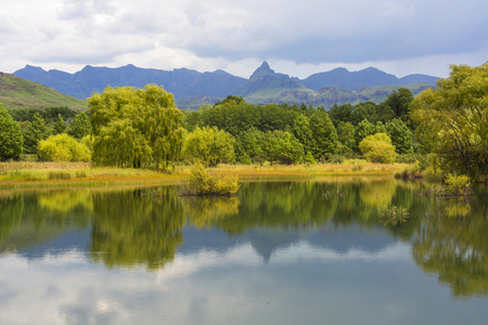 Reflection of trees and mountainの写真素材