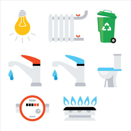 Set of Vector icon. In closes such color icons as bulb, gas, toilet, water tap, trash can, battery, Water Icon and more.Vector home. Home heating and cooling system icons set. Vector Illustrationのイラスト素材