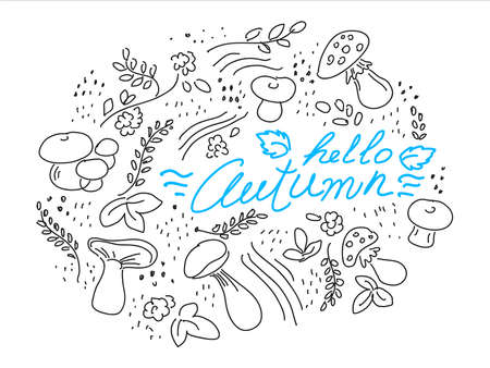 Autumn hand-drawn background layout decorate with leaves and mushrooms. A Doodle for posters, a leaflet frame, or a web banner.のイラスト素材