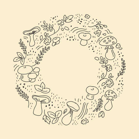 Autumn hand-drawn background layout decorate with leaves and mushrooms. A round Doodle for posters, a leaflet frame, or a web banner.のイラスト素材