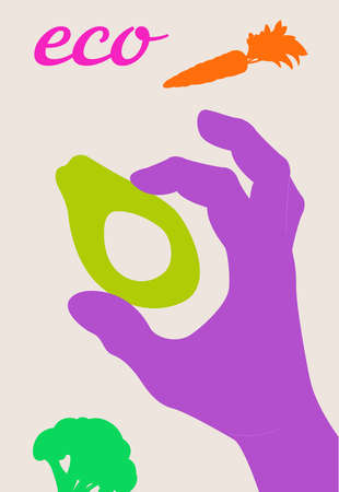 Hand showing okey gesture and vegetables. Simple cartoon modern illustration for web and print with avocado. Variety of modern hand-drawn hand. Isolated Trendy hand icons.のイラスト素材