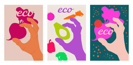Hand showing okey gesture and vegetables. Simple cartoon modern illustration for web and print with avocado and beetroot. Variety of modern hand-drawn hand. Isolated Trendy hand icons.のイラスト素材