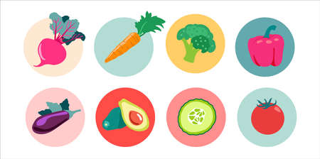 Vegetables set. Avocado, pepper, cucumber, tomato, broccoli, eggplant, carrot, beets. Round sticker, label collections.のイラスト素材