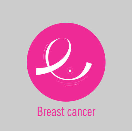 Pink ribbon curve in the shape of a breast. Breast cancer awareness symbol. Vector icon illustration. Closeup of pink badge ribbon on woman chest to support breast cancer cause. Healthcare, medicine.のイラスト素材
