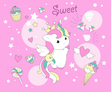 Cute Unicorn princess cartoon pony child, Kawaii animal character with heart, Nursery Fairy tales magic. For greeting card, Print t shirt, fashion art.のイラスト素材