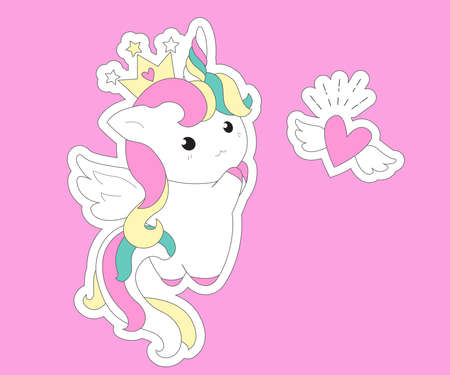 Cute Unicorn princess cartoon pony child, Kawaii animal character with heart, Nursery Fairy tales magic. For greeting card, Print t shirt, fashion art.のイラスト素材