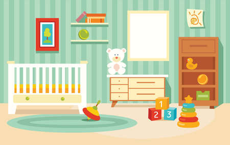 Cute children's room for a girl. Children's toys in the room. illustration in a flat cartoon style.のイラスト素材
