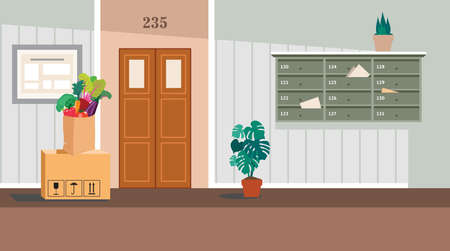 residential corridor with window, door and stairs. Interior of the 1st floor. illustration of the interior of a room corridor or hallway for background, print, web.のイラスト素材