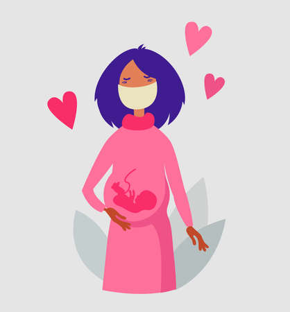 A poster with a beautiful young pregnant woman in a mask. Protection from the virus CORVID-19.のイラスト素材