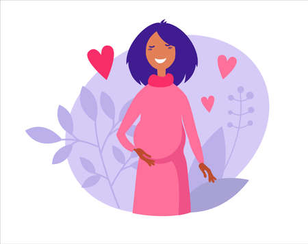 A poster with a beautiful young pregnant woman. flat cartoon illustration. A pregnant woman holds her hands on her stomach. Happy mother is expecting a baby.のイラスト素材