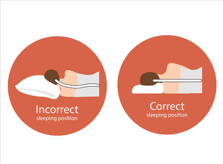 The correct position of the spine line on the orthopedic pillow when sleeping. Incorrect position of the spine on the pillow. Care for the health of the back and neck.のイラスト素材