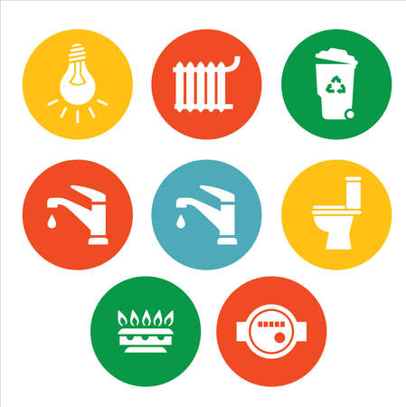 Set of icon. In closes such color icons as bulb, gas, toilet, water tap, trash can, battery, Water Icon and more.のイラスト素材
