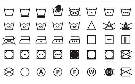 Symbols of washable. Full icon set of laundry symbols, hand wash, washing machine, label, iron, caring. Icons for washing.のイラスト素材