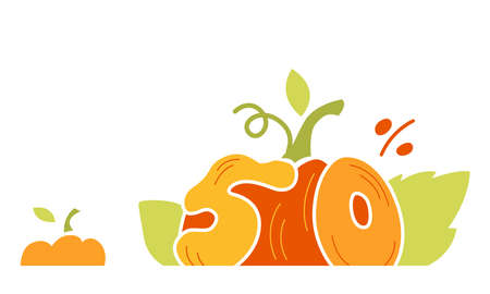 Autumn Sale discount banner. Up to 50% 20% 30% off banner for your website. Big Pumpkin Yellow tag templates with special offers. Isolated vector illustration.のイラスト素材