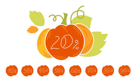 Autumn Sale discount banner. Up to 50% 20% 30% off banner for your website. 
Big Pumpkin Yellow tag templates with special offers. Isolated vector illustration.のイラスト素材
