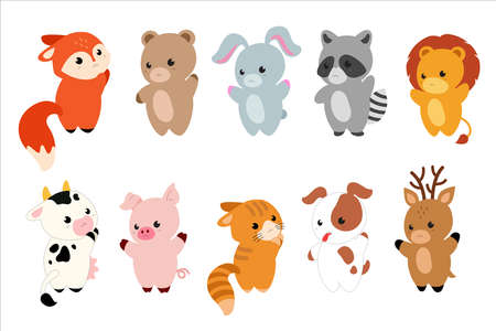Cartoon cute Animals characters - bear, Fox, raccoon, dog, cat, cow, deer, rabbit, 
pig and lion. Vector illustration. Vector set with animals in kawaii style for baby cards and invitations.のイラスト素材
