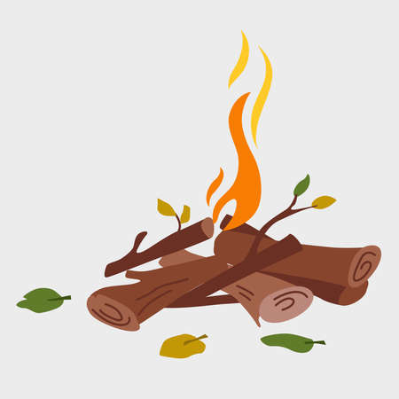 Vector cartoon illustration of a burning fire with wood. Firewood. Outdoor campfire. 
A camp fire burns. Fire isolated on a background. Vector illustrationのイラスト素材